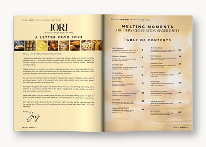 Melting Moments open to the letter from Jorj and the table of contents