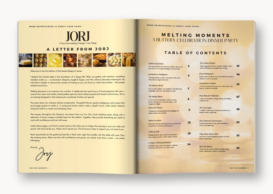 Melting Moments open to the letter from Jorj and the table of contents