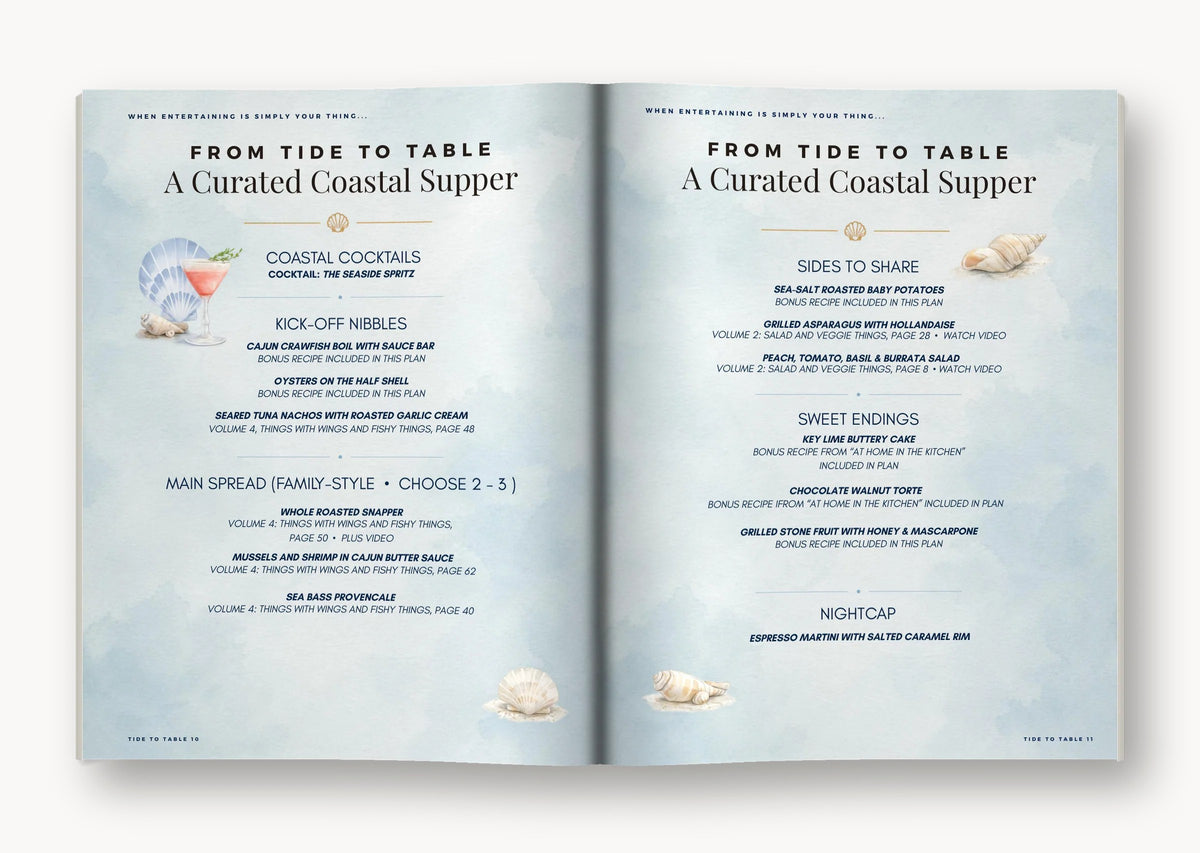 Tide to Table open to the Curated Coastal Supper menu pages