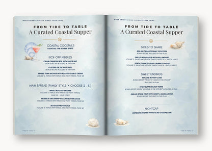 Tide to Table open to the Curated Coastal Supper menu pages