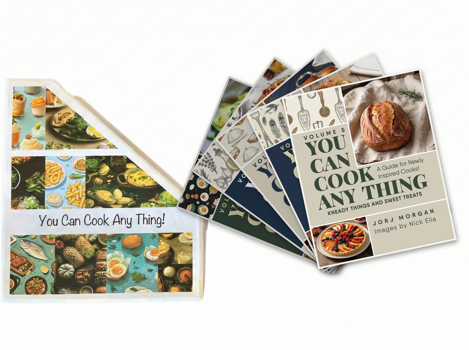 The Foundational Series 5-volume master set by Jorj Morgan — all five You Can Cook Any THING cookbooks fanned beside the kitchen holder