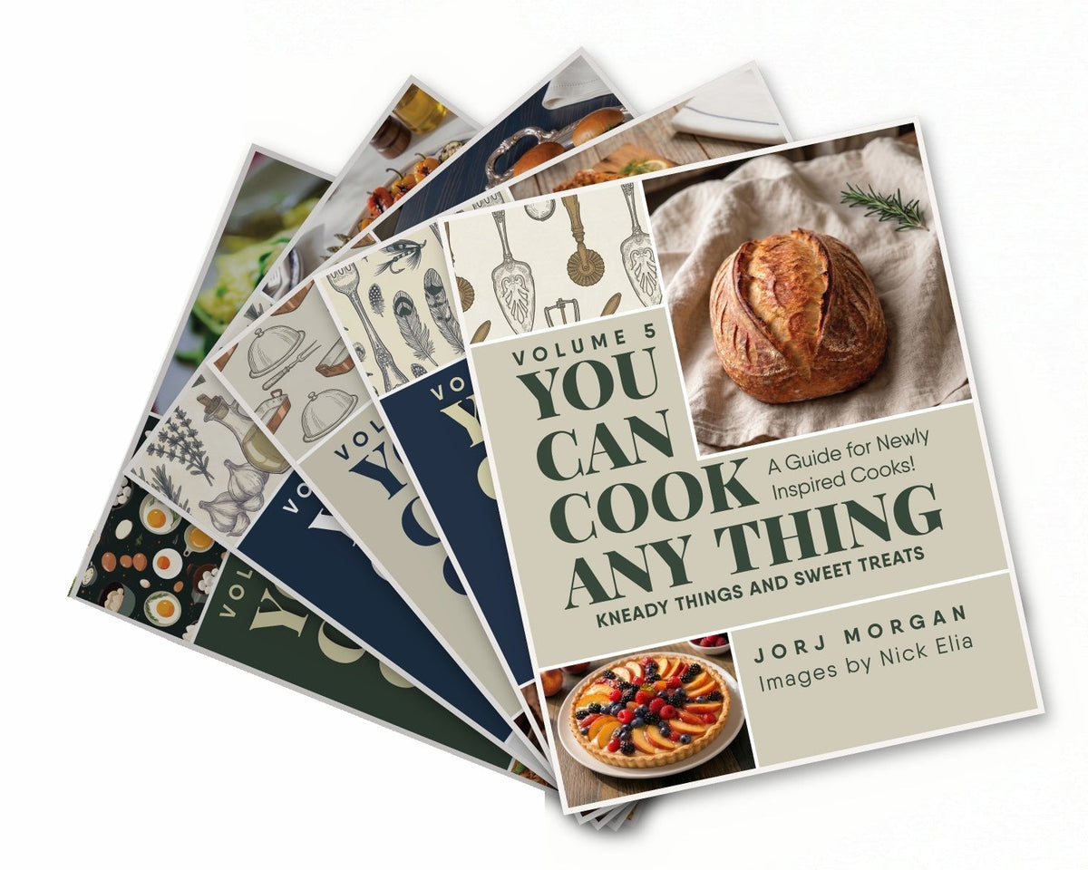 The Foundational Series 5-volume master set by Jorj Morgan — all five You Can Cook Any THING cookbooks fanned out